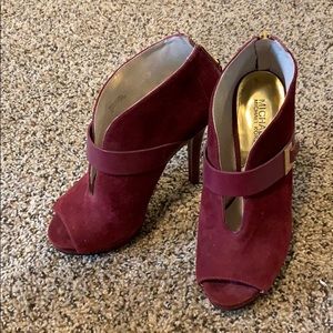 Burgundy leather and suede MK peep-toe stilettos
